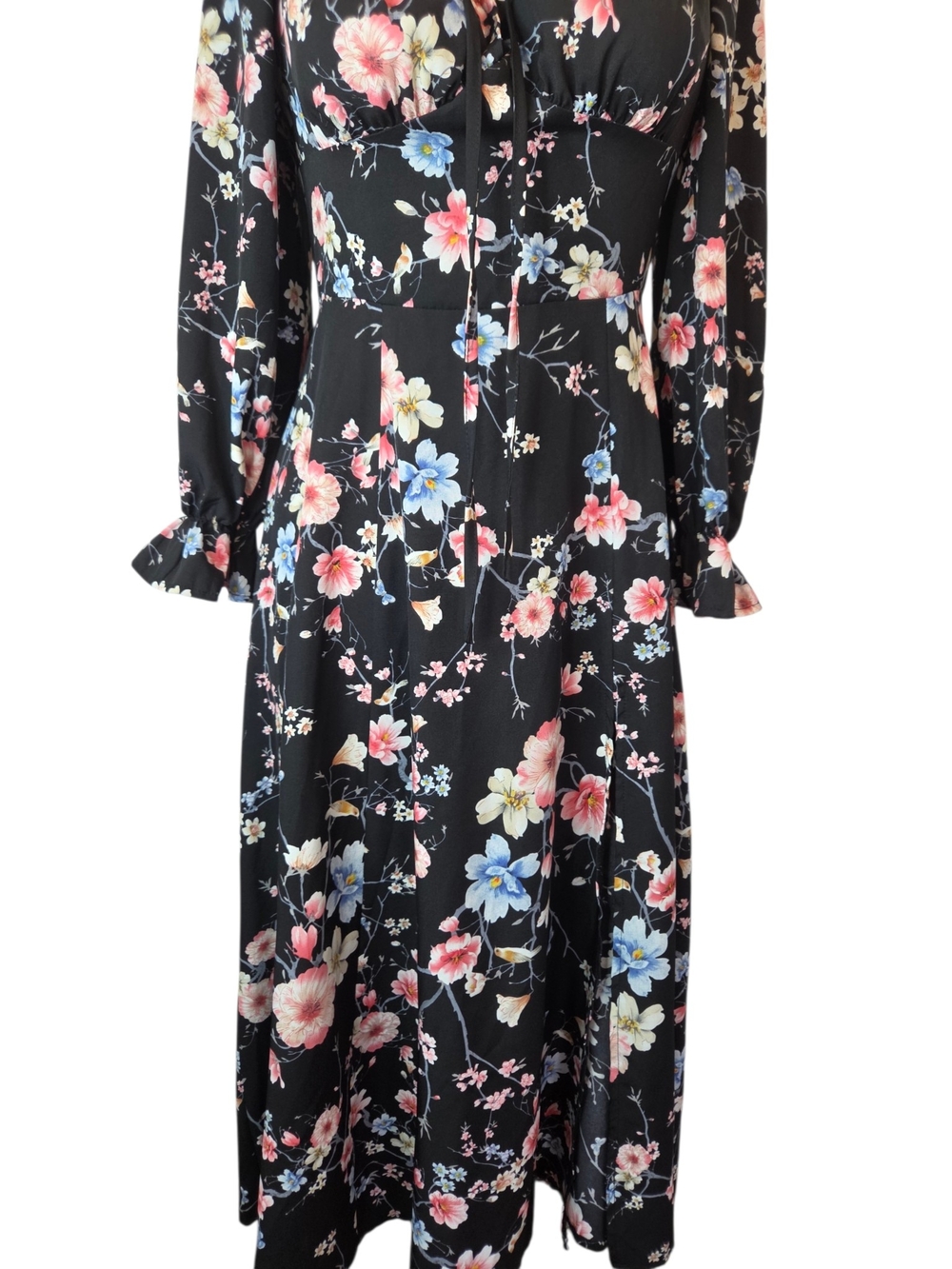 Shein Black Floral Square Neck-Line/Long Sleeve Maxi/Midi Dress Women's Size 6 - Picture 6 of 11